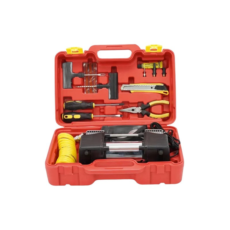 Compresseur d'air Mini 12V - Kit avec valise - Tension: DC 12V, Diamètre du cylindre: 30mm, Débit d'air: 70L/min, MAX. Pression: 150PSI, Durée: 30-60 min, Double cylinder MF-628KIT
